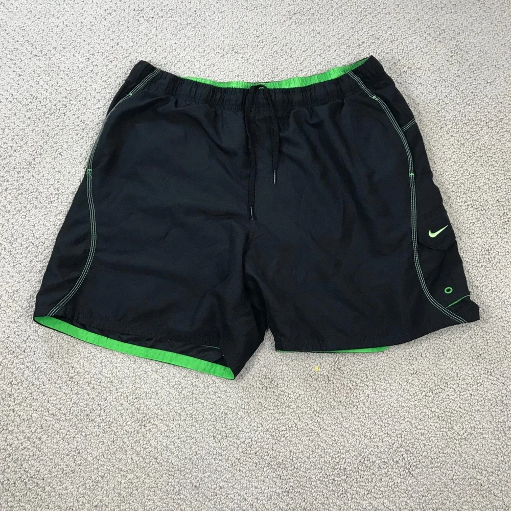 Nike Mens Swim Trunks Board Shorts XL Black Neon Green Mesh Liner Cargo Pocket